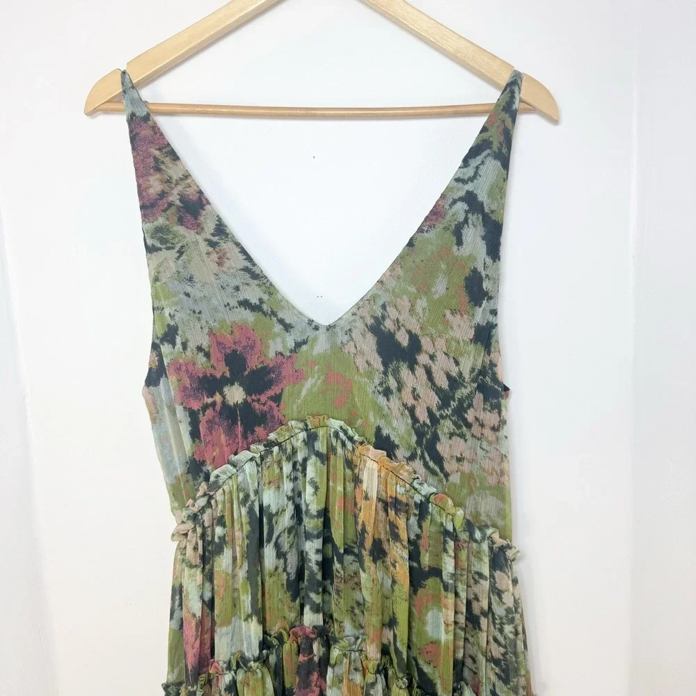 Free People Julianna Maxi Dress M Floral Chiffon Green Tiered Boho Fairy Whimsy - Picture 6 of 16